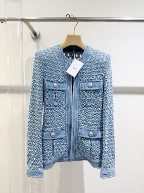 Balmain Light Blue Textured Denim-Trim Jacket